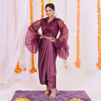 Stunning purple organza wrap top and satin dhoti set for women, featuring a modern fusion of traditional elegance, perfect for festive and party wear.
