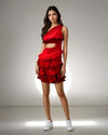 Model showcasing the Radiant Red Ruffle Dress with one shoulder design and stylish ruffles from House Of Majisha, perfect for parties and celebrations.