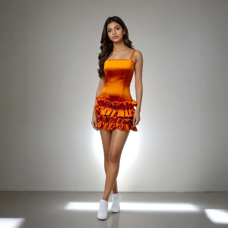 Model showcasing the Ruffle Radiance Dress in vibrant orange satin with ruffle detailing at the bottom from House Of Majisha, ideal for parties and brunch outings.