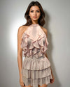 Model wearing the Ruffle Radiance Set, featuring a baby pink ruffle top and matching skirt from House Of Majisha, styled for a playful and trendy look.