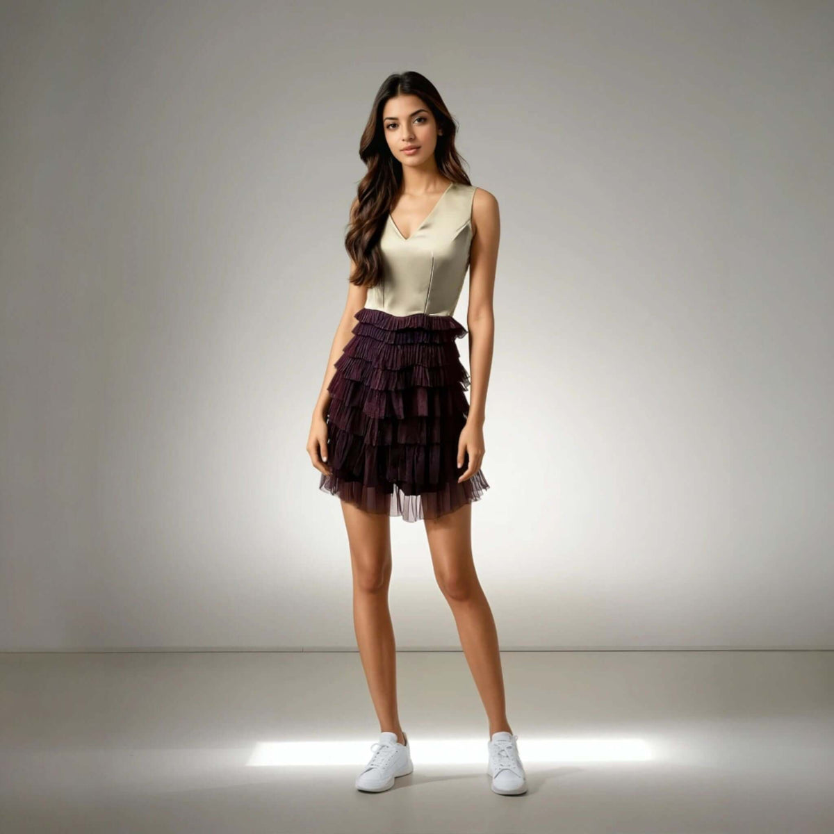 Model showcasing the Ruffled Romance Dress in Beige and Wine from House of majisha, featuring tulle ruffles and a V neckline, perfect for parties and special occasions.
