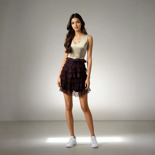 Model showcasing the Ruffled Romance Dress in Beige and Wine from House of majisha, featuring tulle ruffles and a V neckline, perfect for parties and special occasions.