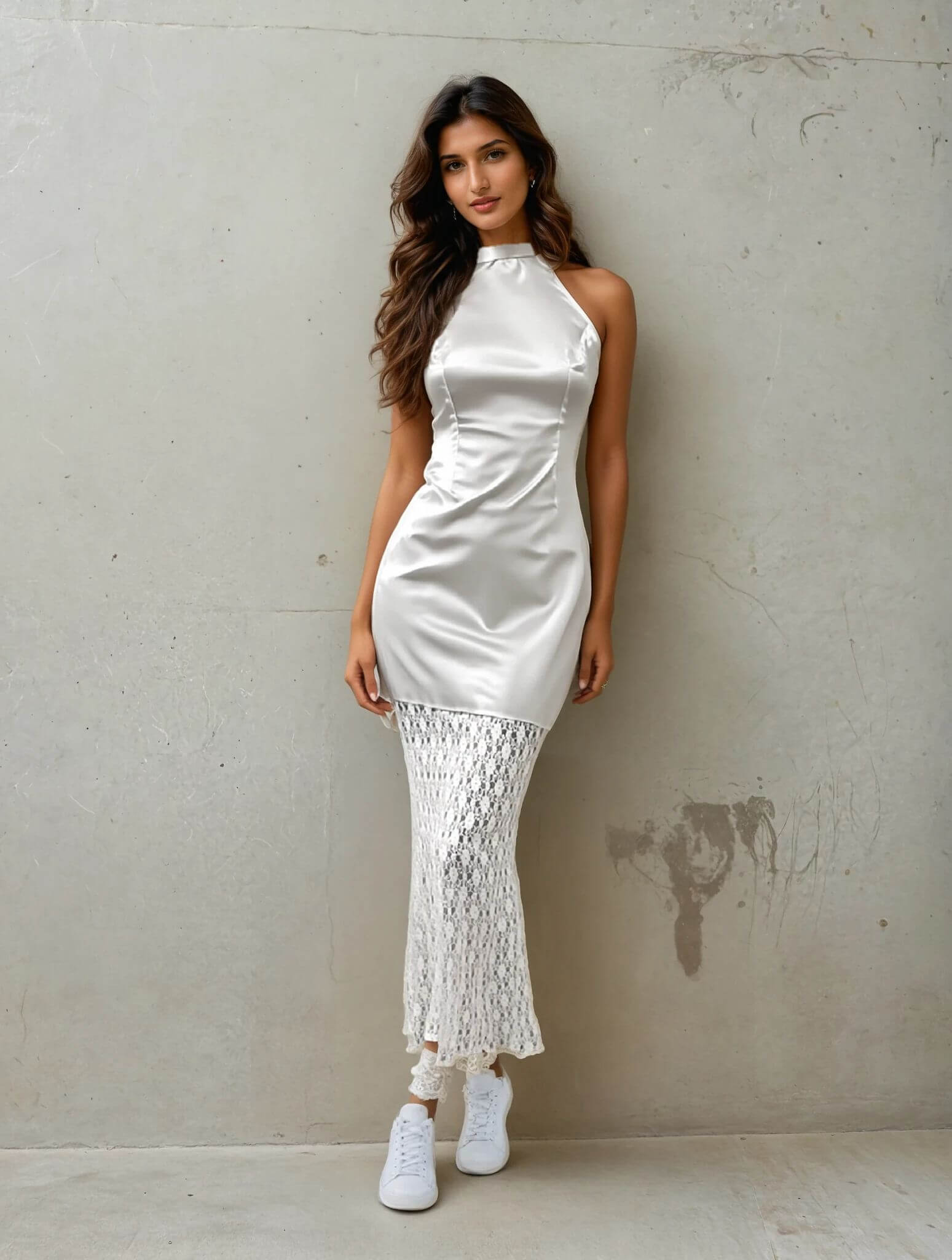 Women Standing And Posing For A Camera Wearing A Chic Satin Mermaid Dress From House Of Majisha.