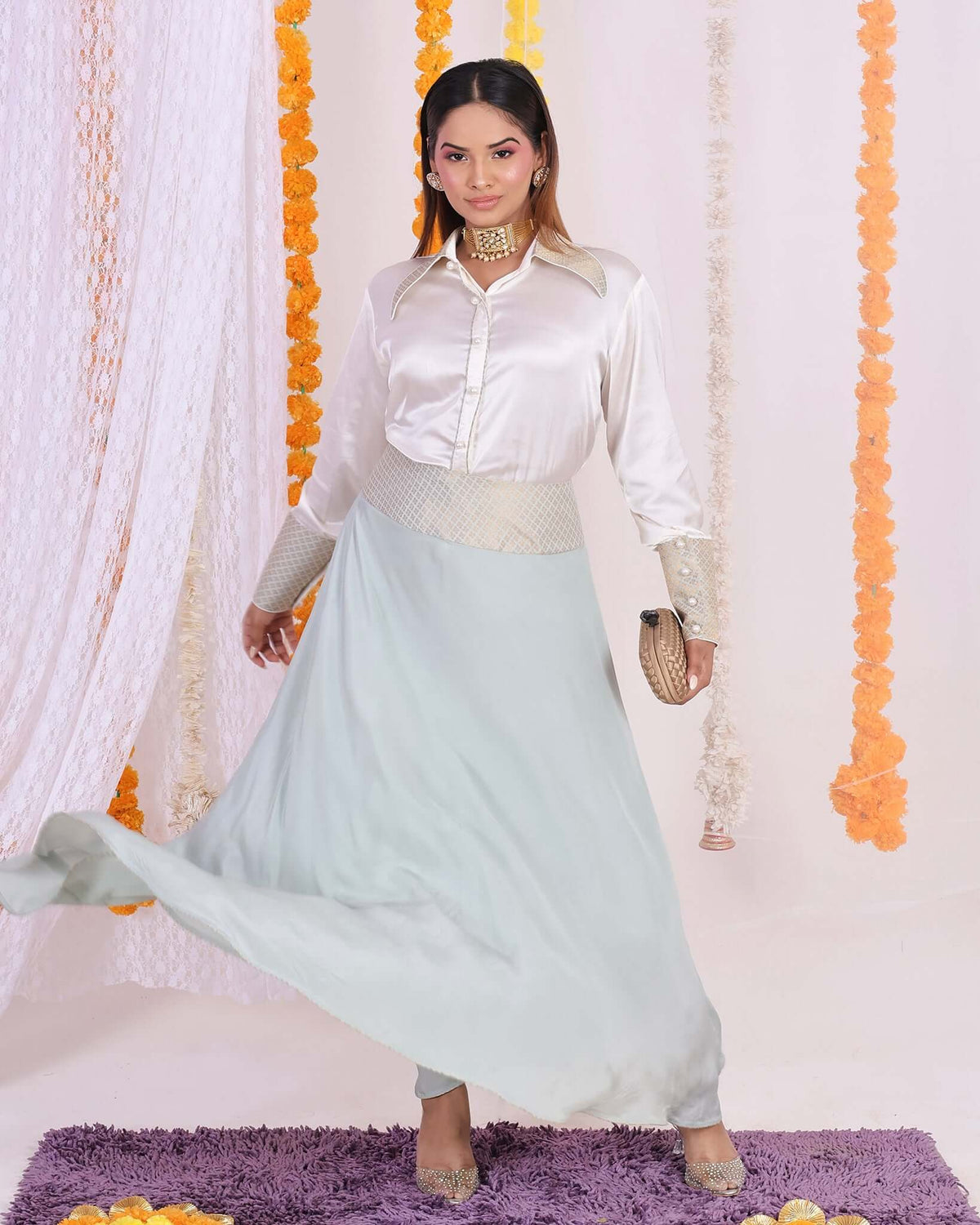 Women's Elegant Satin Shirt & Brocade Skirt Coord Set in Ivory and Mint Green - Perfect fusion of modern style and traditional charm.