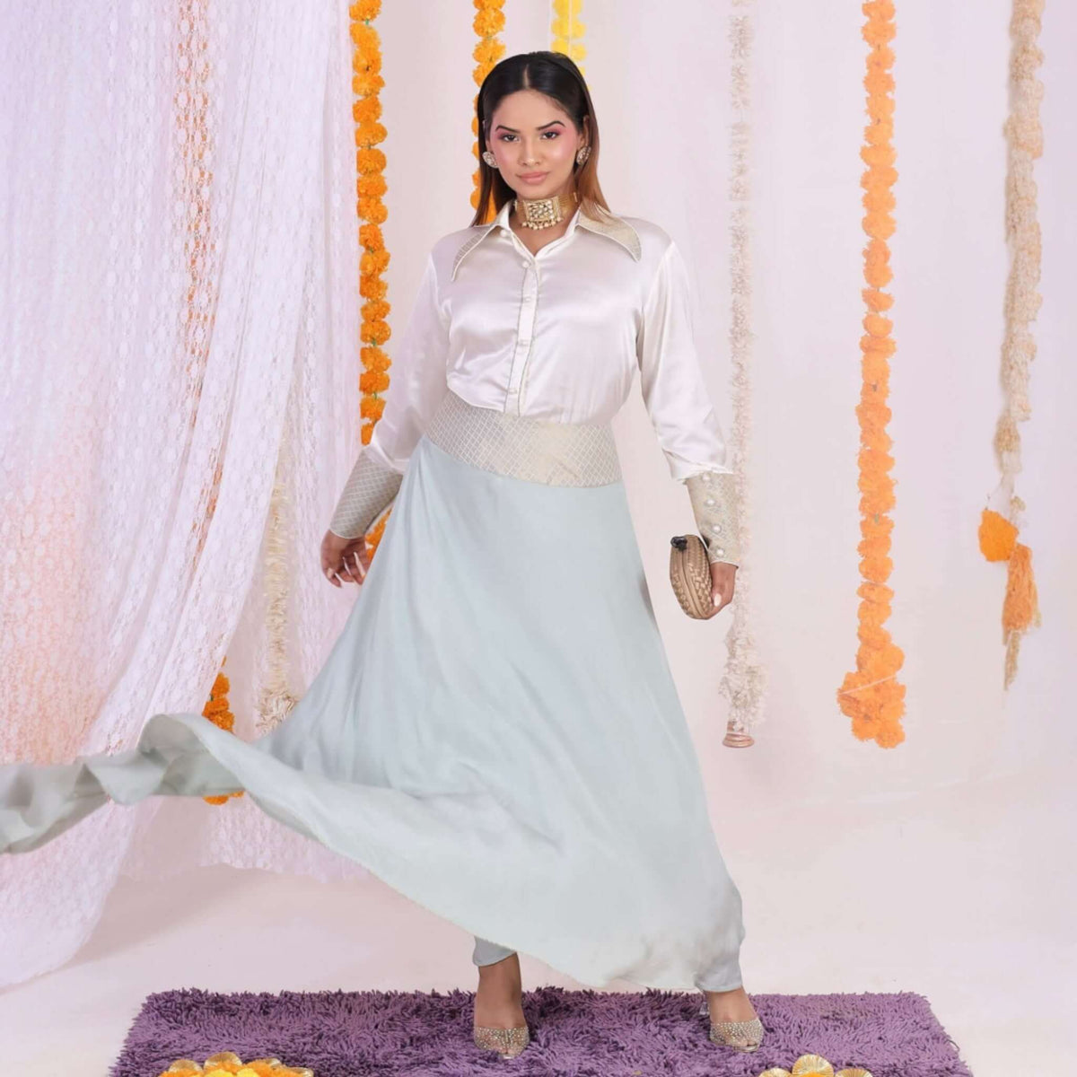 Women's Elegant Satin Shirt & Brocade Skirt Coord Set in Ivory and Mint Green - Perfect fusion of modern style and traditional charm.