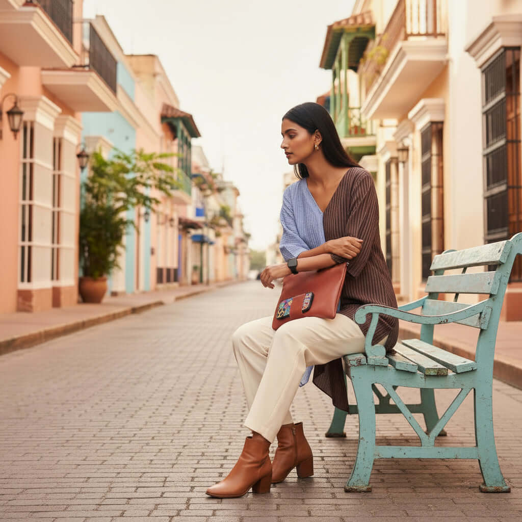 Woman sitting on a bench wearing house of majisha Shoreline Split Tunic in a colorful street.