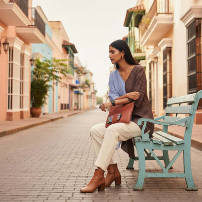Woman sitting on a bench wearing house of majisha Shoreline Split Tunic in a colorful street.
