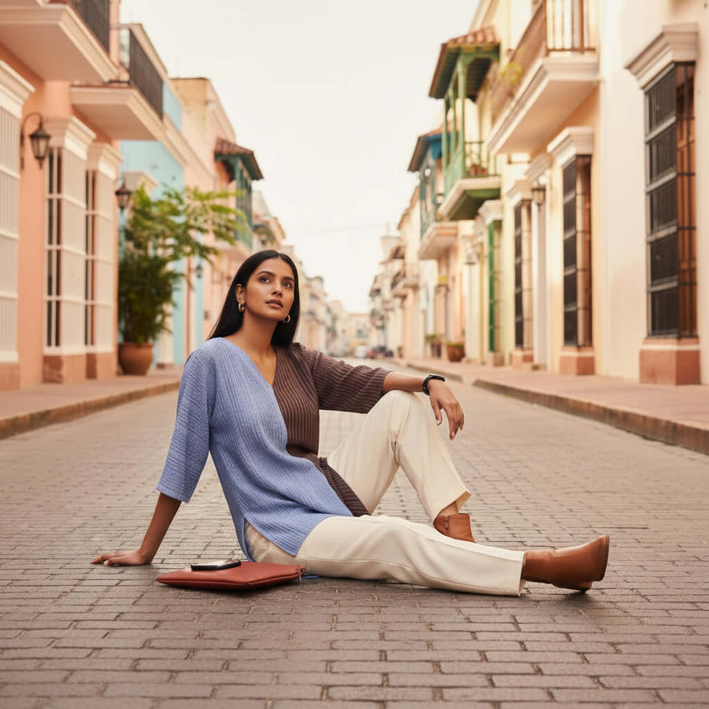 Woman sitting on a cobblestone street wearing house of majisha Shoreline Split Tunic in a sunlit, European-style town.