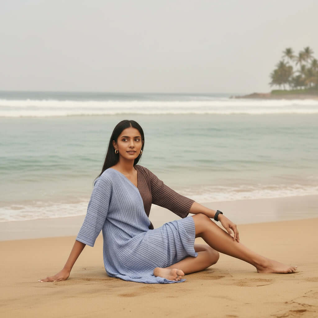 Woman sitting on a beach wearing a blue & brown house of majisha tunic.