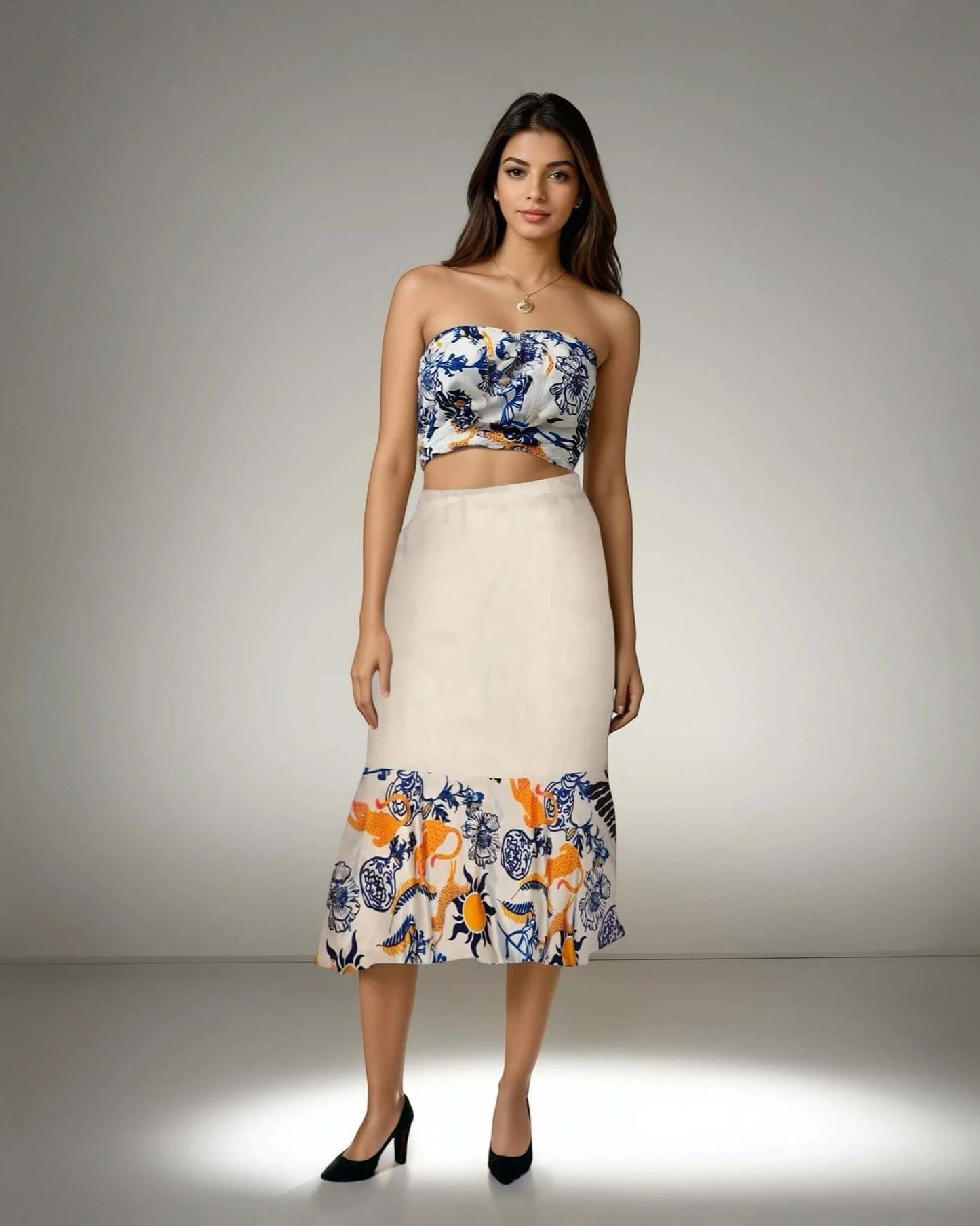 Woman wearing a summer coord set with coastal prints from House of Majisha