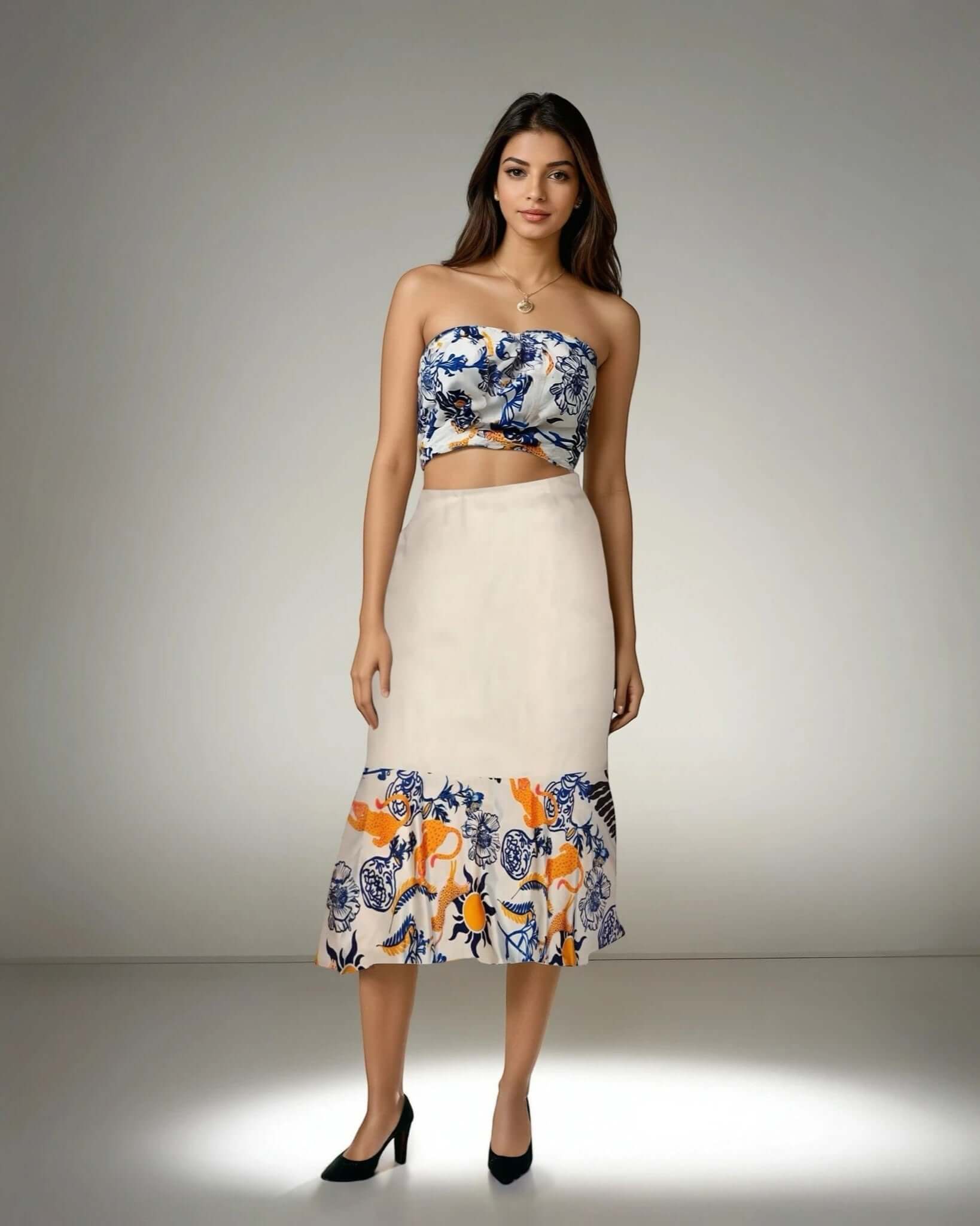 Woman wearing a summer coord set with coastal prints from House of Majisha