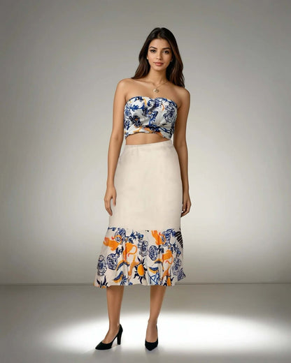 Woman wearing a summer coord set with coastal prints from House of Majisha