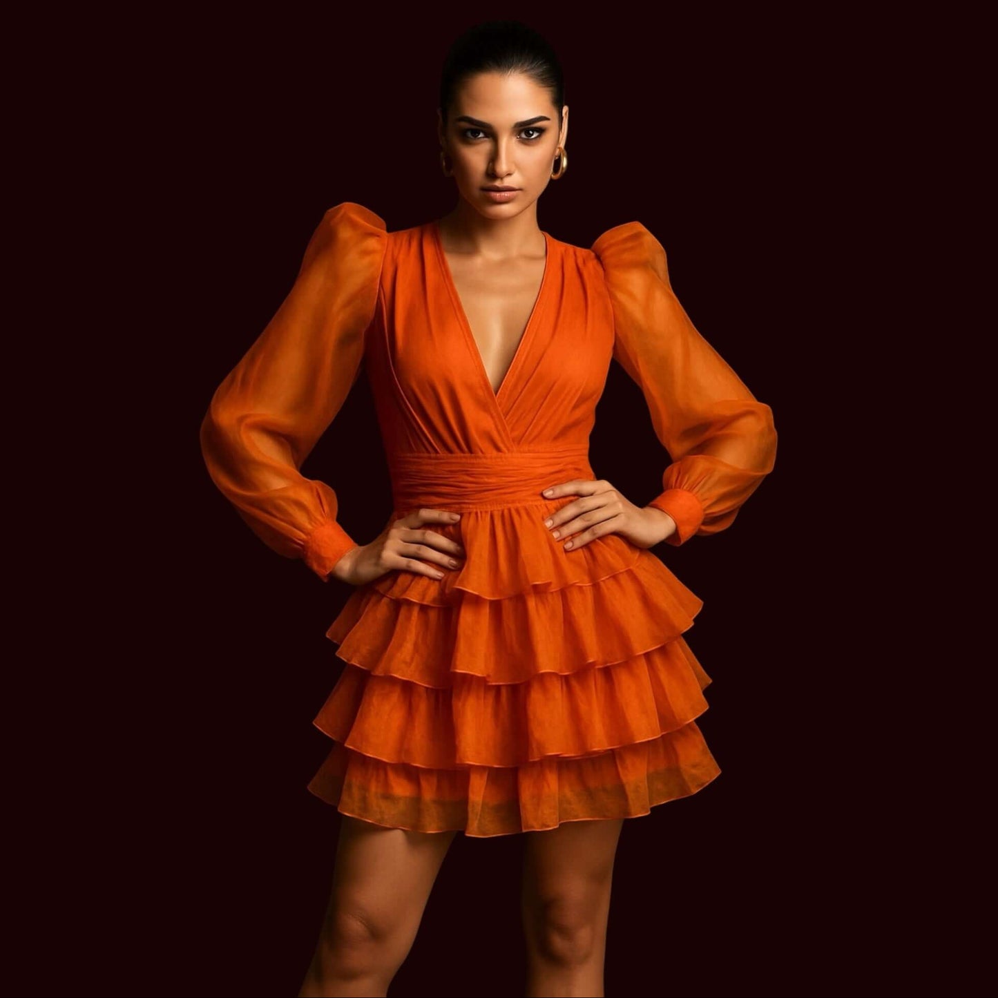 model wearing an orange tiered ruffle mini dress with sheer puff sleeves and plunging neckline, styled by House of Majisha against a dark studio background.