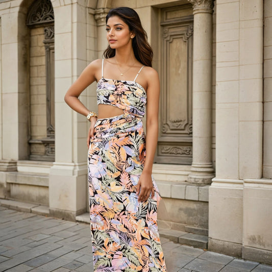 Model wearing a tropical print co-ord set featuring a ruched crop top with thin straps and a draped asymmetrical skirt from House Of Majisha. The outfit showcases vibrant leaf patterns in shades of orange, purple, and green, perfect for a stylish summer or resort look.