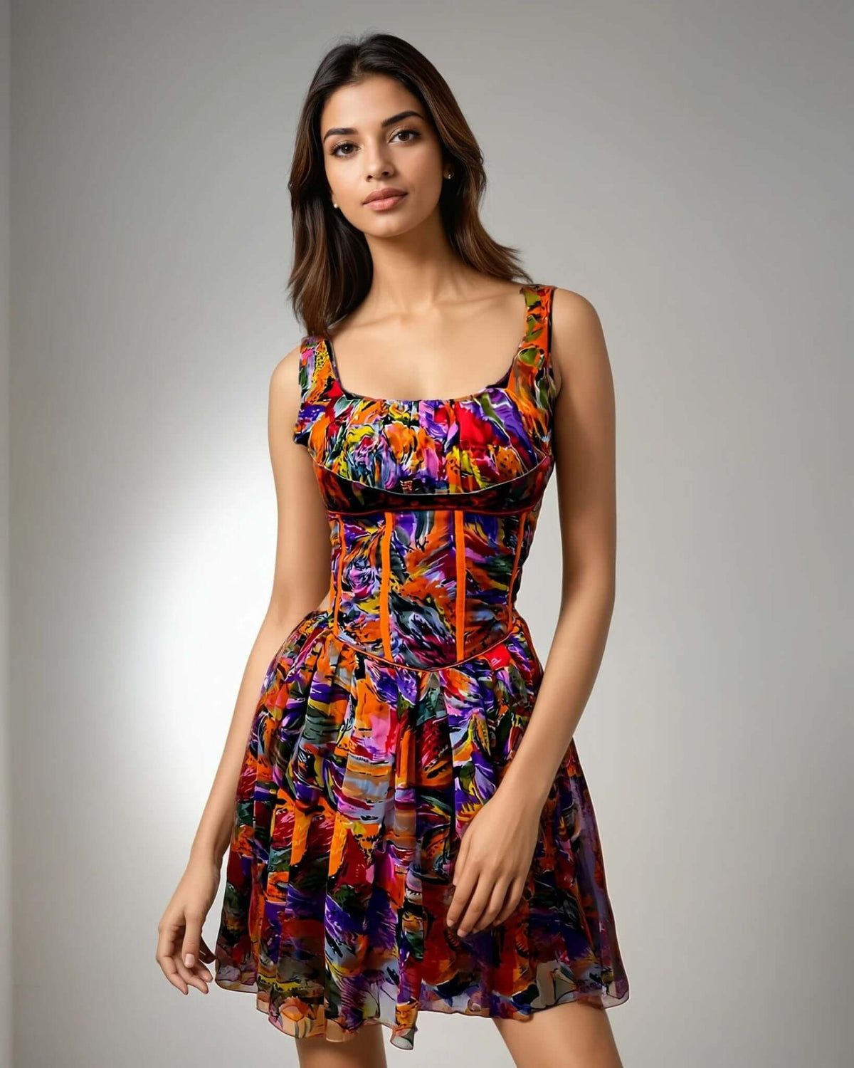 Model wearing a vibrant multicolor chiffon dress with a corset waist belt and square neckline from House Of Majisha, ideal for brunch and casual outings.
