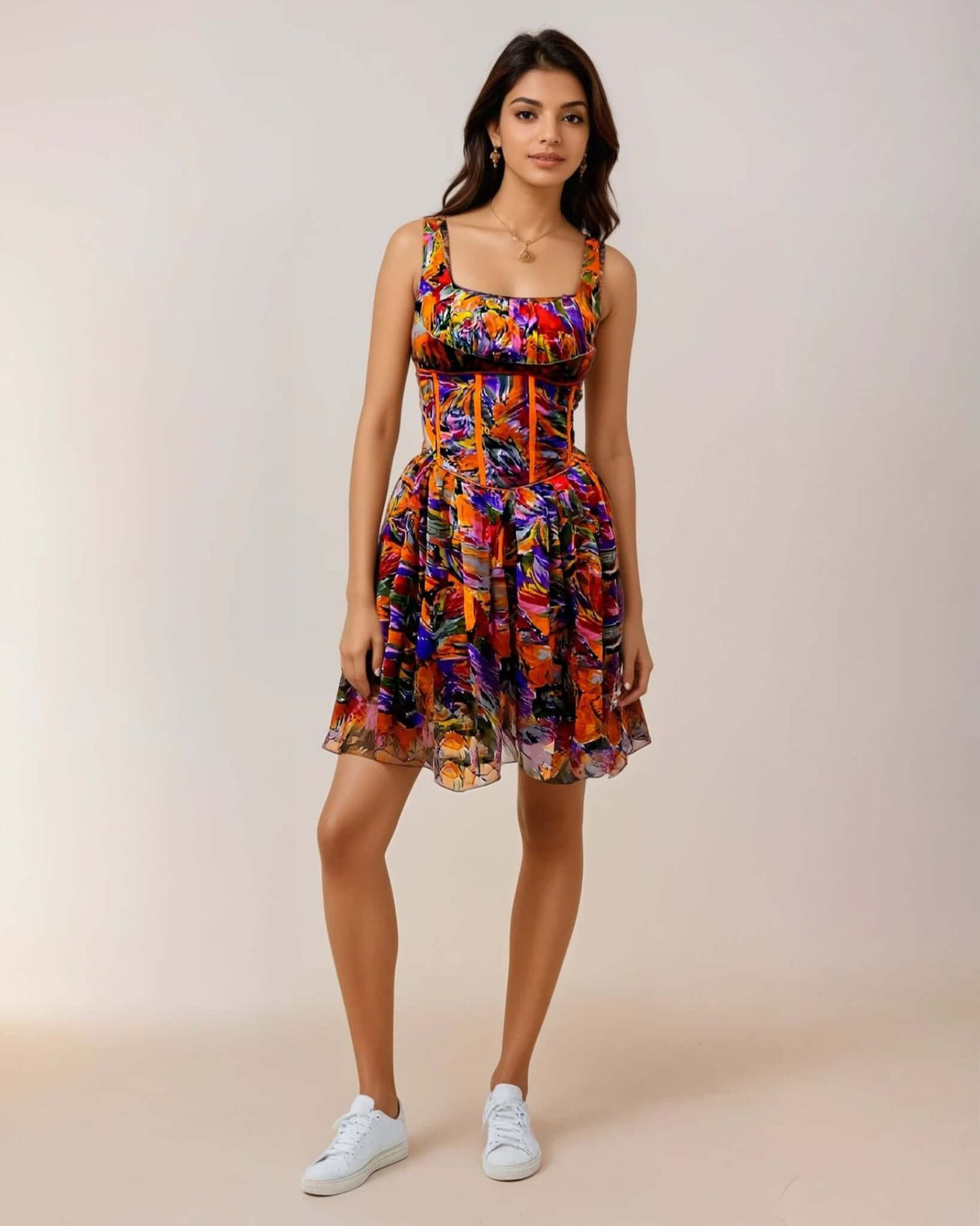 Model wearing a vibrant multicolor chiffon dress with a corset waist belt and square neckline from House Of Majisha, ideal for brunch and casual outings.