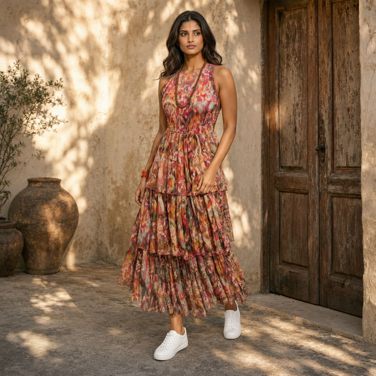 Woman in a floral dress from house of majisha standing in front of a rustic wooden door.