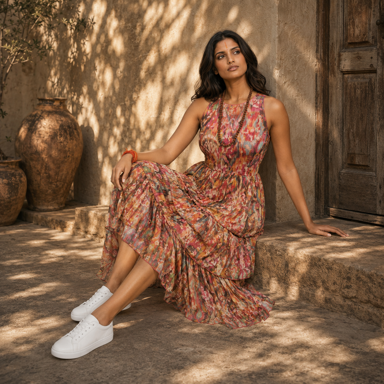 Woman in a floral dress from house of majisha sitting on stone steps with rustic background.