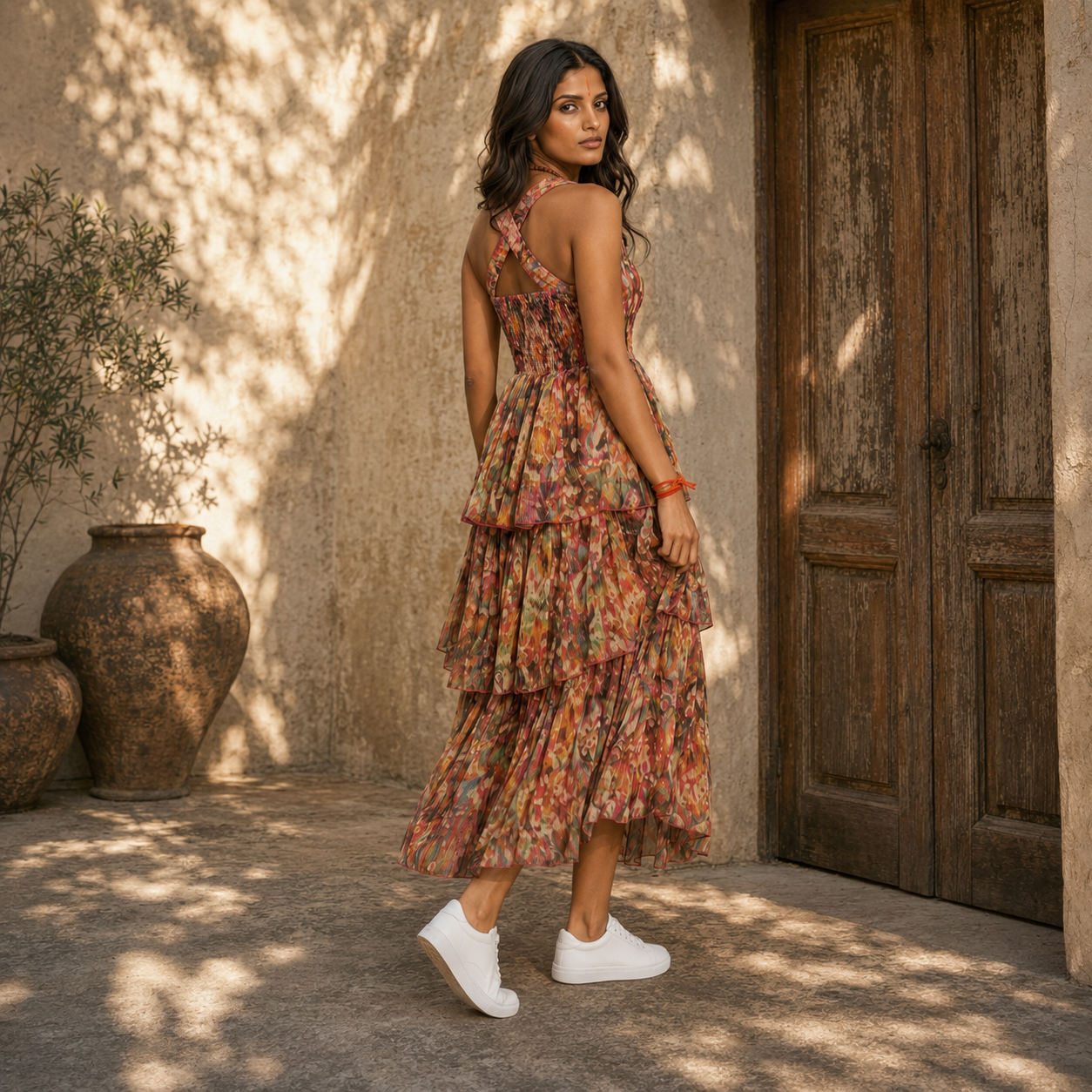 Woman in a floral dress from house of majisha standing in a sunlit outdoor setting with a wooden door and pots.
