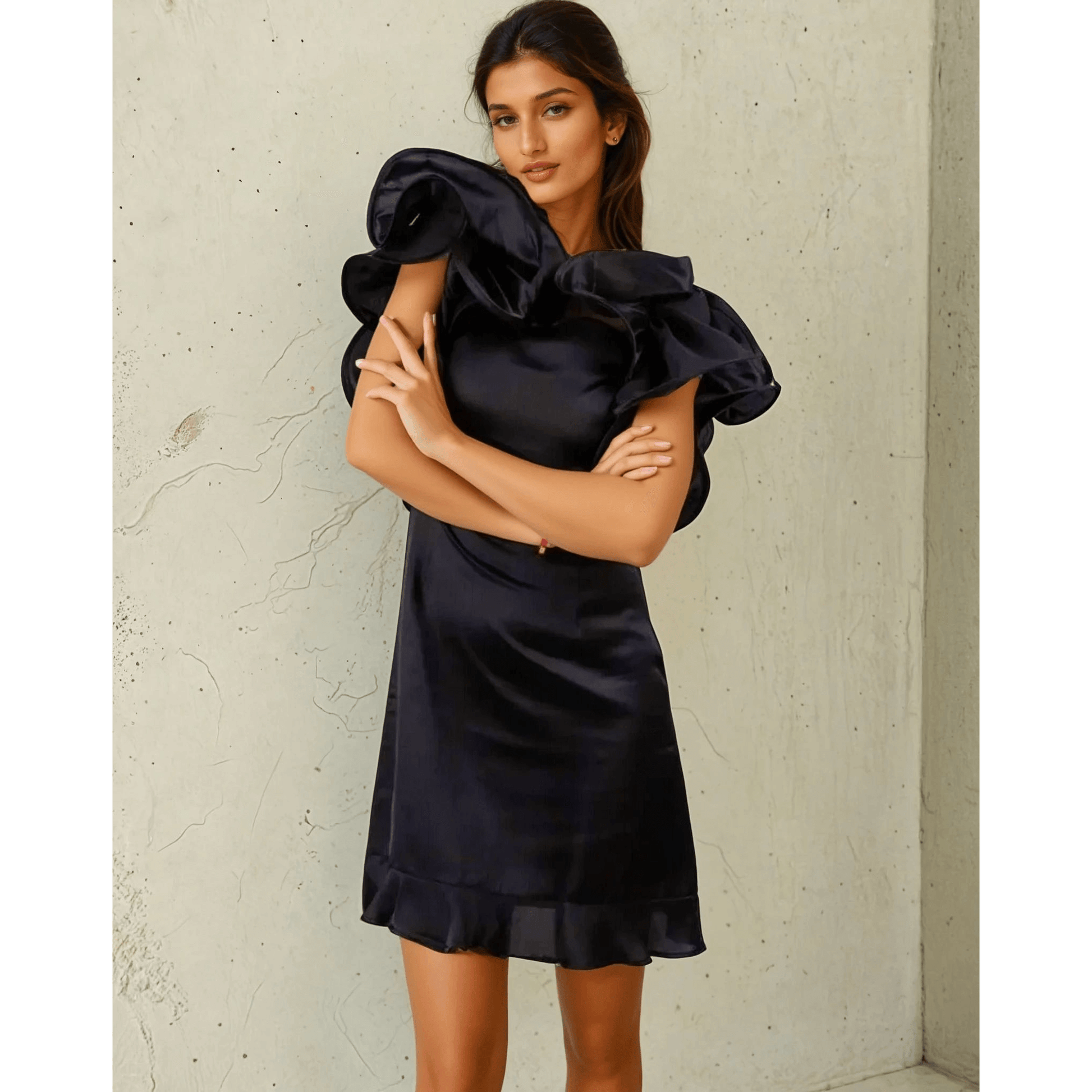 Woman posing in a satin black dress by House Of Majisha, featuring bold ruffled details at the shoulder and hem.