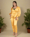 Yellow Armani Satin Wrap Coord Set for women - a luxurious fusion of satin and brocade in a modern wrap design with puffy sleeves and tailored waist detail.