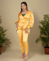 Yellow Armani Satin Wrap Coord Set for women - a luxurious fusion of satin and brocade in a modern wrap design with puffy sleeves and tailored waist detail.
