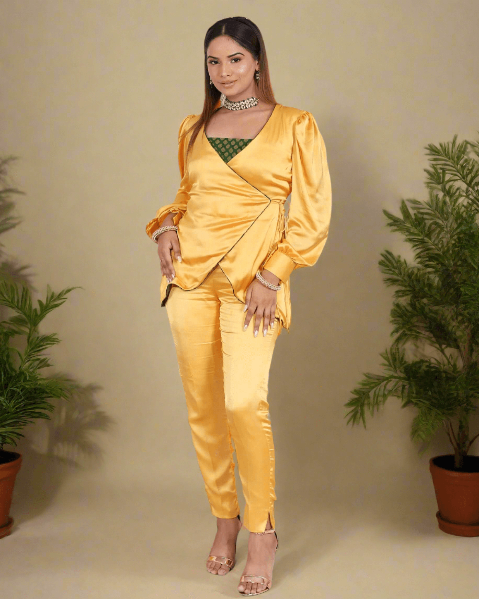 Yellow Armani Satin Wrap Coord Set for women - a luxurious fusion of satin and brocade in a modern wrap design with puffy sleeves and tailored waist detail.