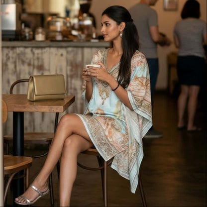 Woman wearing Aqua Baroque Digital Print Kaftan Dress with baroque patterns in feather silk fabric from house of majisha.