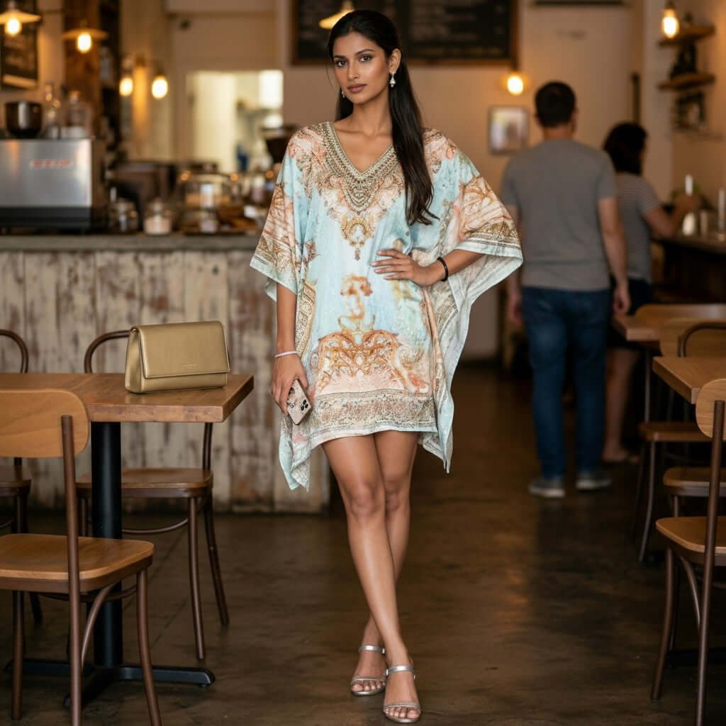 Woman wearing Aqua Baroque Digital Print Kaftan Dress with baroque patterns in feather silk fabric from house of majisha.
