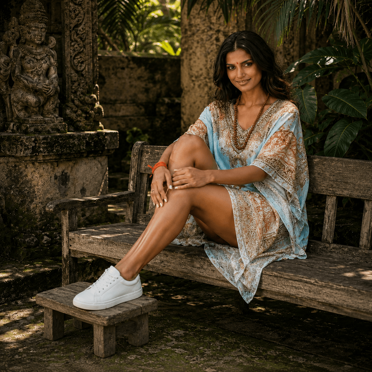 Woman in a house of majisha kaftan and white sneakers sitting on a wooden bench in a tropical setting.