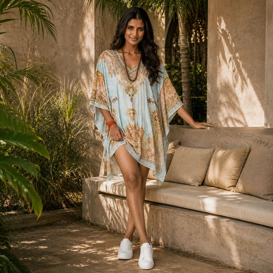 Woman in a house of majisha kaftan standing in a sunlit outdoor setting with a couch and plants.