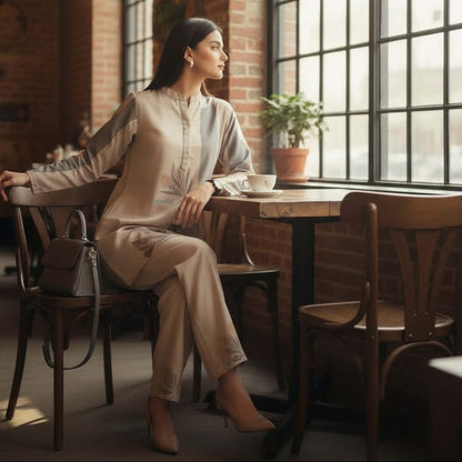 Woman in a beige botanical print co ord set from House of Majisha, sitting in a café wearing a soft beige kurta with floral prints and matching pants.