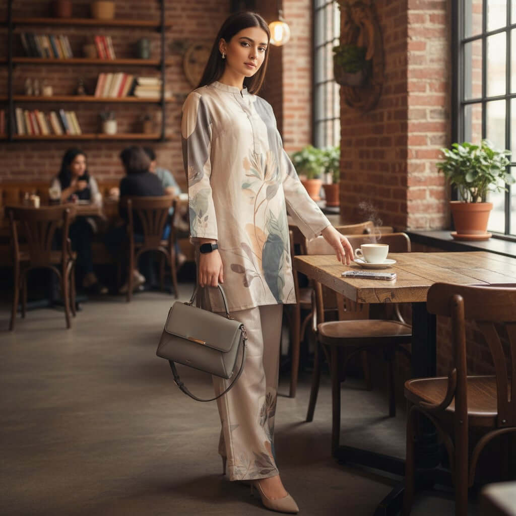 Woman in a beige botanical print co ord set from House of Majisha, standing in a café wearing a soft beige kurta with floral prints and matching pants.