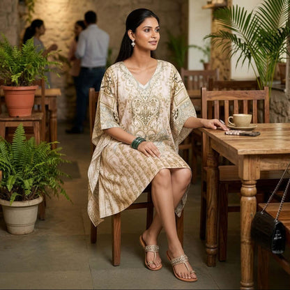 Woman wearing Beige Heritage Digital Print Kaftan dress with ethnic motifs in poly feather silk fabric from house of majisha.