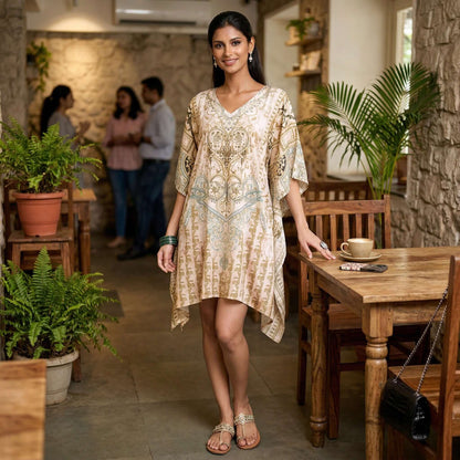 Woman wearing Beige Heritage Digital Print Kaftan dress with ethnic motifs in poly feather silk fabric from house of majisha.