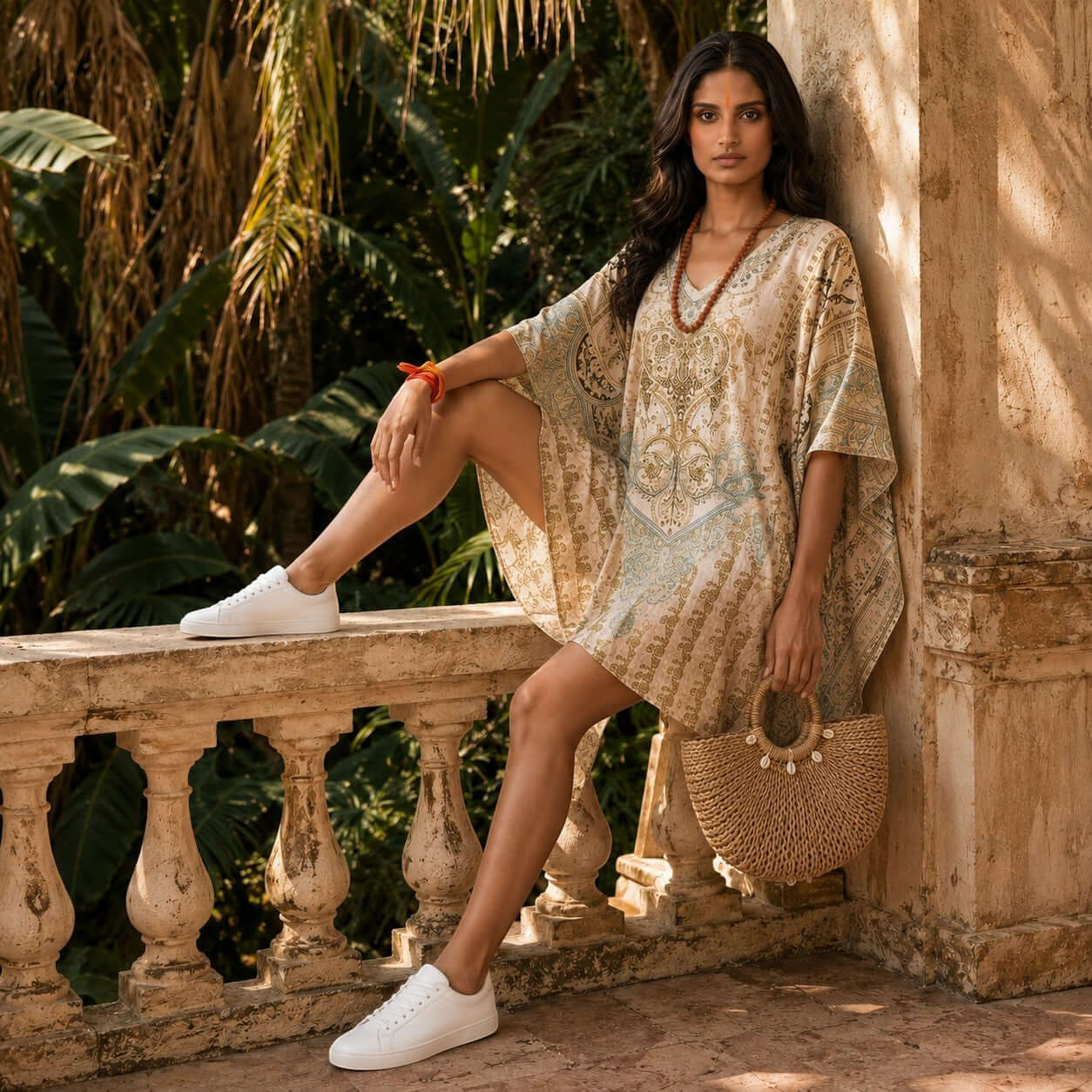 Woman in a house of majisha patterned kaftan dress leaning against a stone wall with plants in the background.