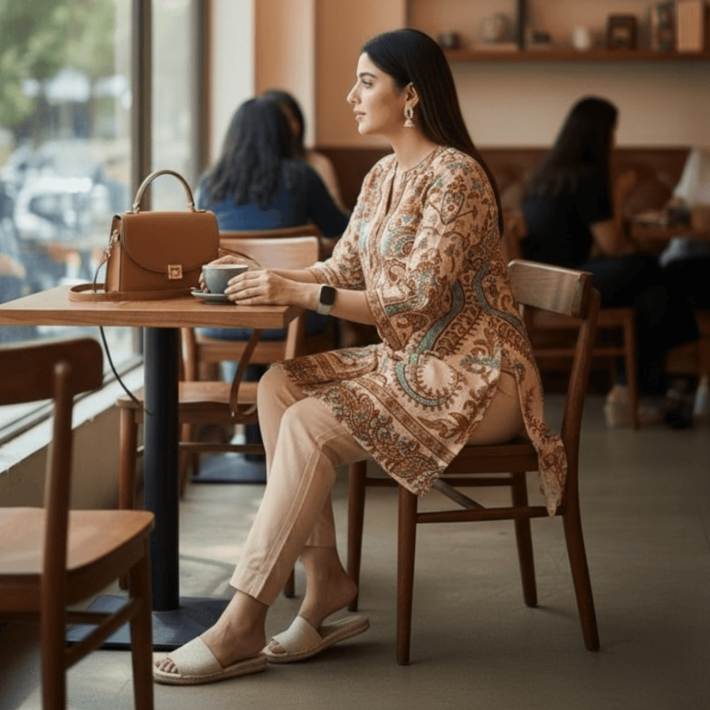 Woman wearing Beige Paisley Printed Co Ord Set by House of Majisha, a beige modal sattin printed kurta with multicolor paisley motifs and matching slim pants in a café setting.