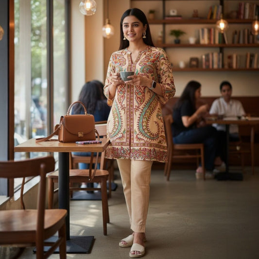 Woman wearing Beige Paisley Printed Co Ord Set by House of Majisha, a beige modal sattin printed kurta with multicolor paisley motifs and matching slim pants in a café setting.