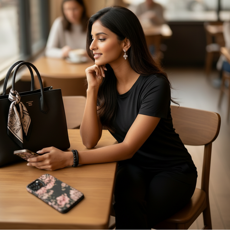Woman wearing black cotton lycra stretchable co ord set with t-shirt and slim pants from house of majisha.