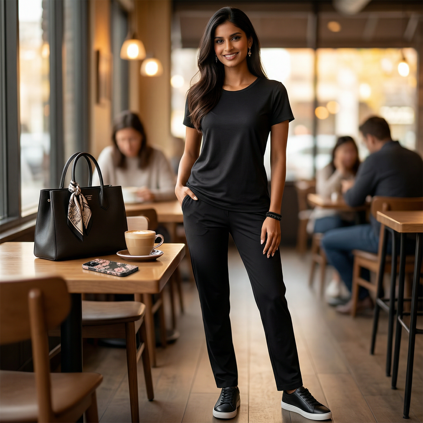 Woman wearing black cotton lycra stretchable co ord set with t-shirt and slim pants from house of majisha.