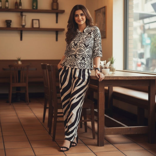 Woman wearing black ivory botanical printed top with striped pants co ord set by House of Majisha.