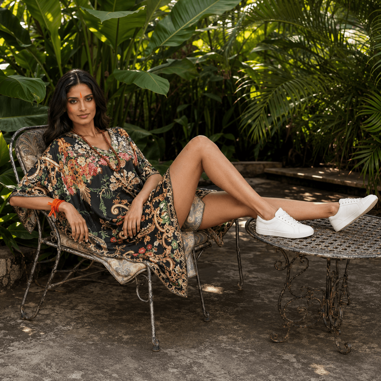 Woman in a house of majisha floral kaftan dress sitting on a chair in a garden setting.