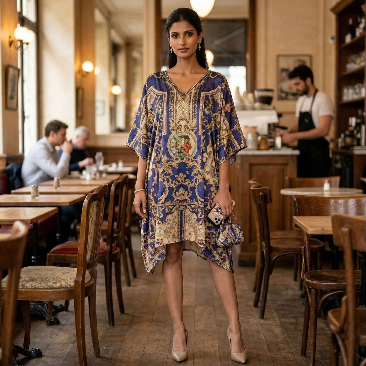 Blue baroque digital print kaftan dress worn by a woman in a stylish café setting with vintage decor.