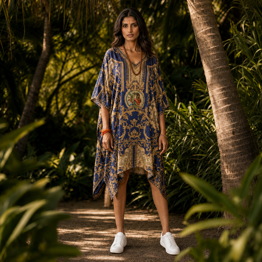 Woman in a house of majisha patterned dress standing in a tropical setting with palm trees.