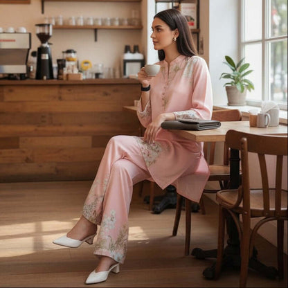Woman in a pink house of majisha coord set, sitting at a table in a cozy cafe.
