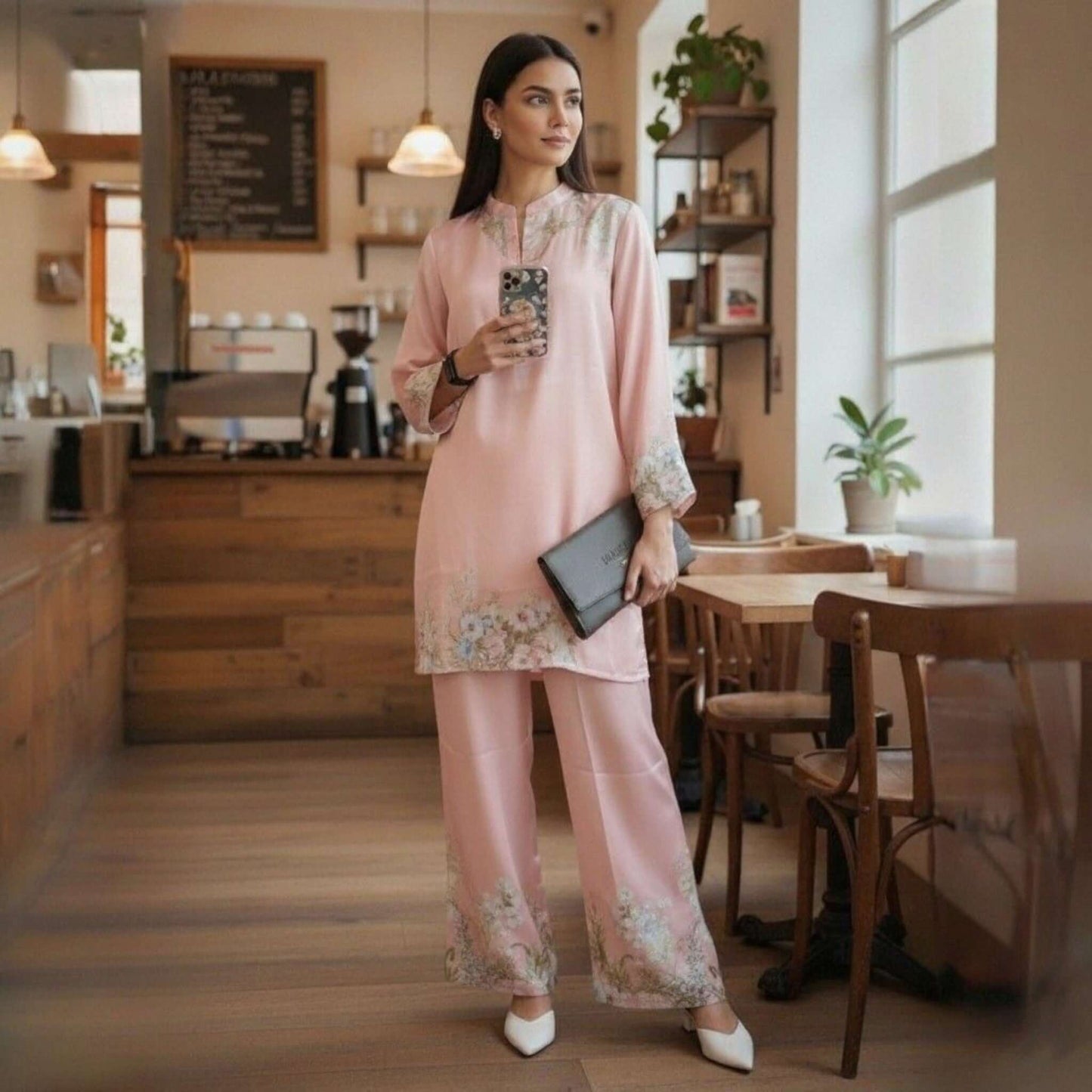 Woman in a blush floral co ord set from House of Majisha, standing inside a café wearing a soft pink kurta and wide leg pants.
