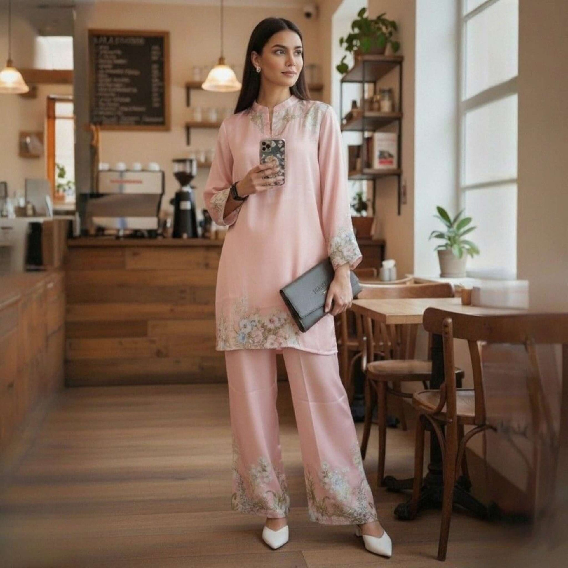 Woman in a blush floral co ord set from House of Majisha, standing inside a café wearing a soft pink kurta and wide leg pants.