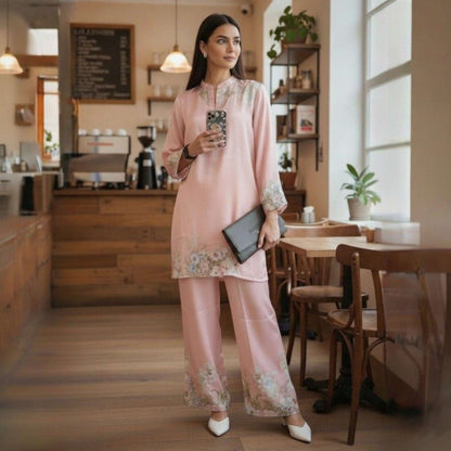 Woman in a blush floral co ord set from House of Majisha, standing inside a café wearing a soft pink kurta and wide leg pants.