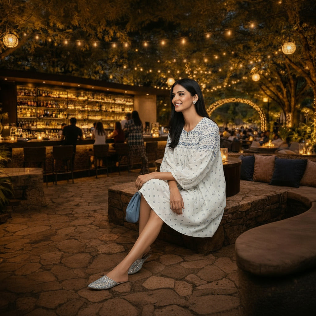Woman Woman in a Boho Block Print Tunic by House of Majisha, ivory cotton tunic with blue block print, balloon sleeves sitting on a table in a cozy outdoor bar setting with string lights and a bar in the background.