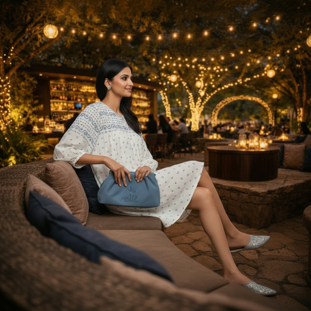 Woman Woman in a Boho Block Print Tunic by House of Majisha, ivory cotton tunic with blue block print, balloon sleeves sitting on a sofa in a cozy outdoor bar setting with string lights and a bar in the background.